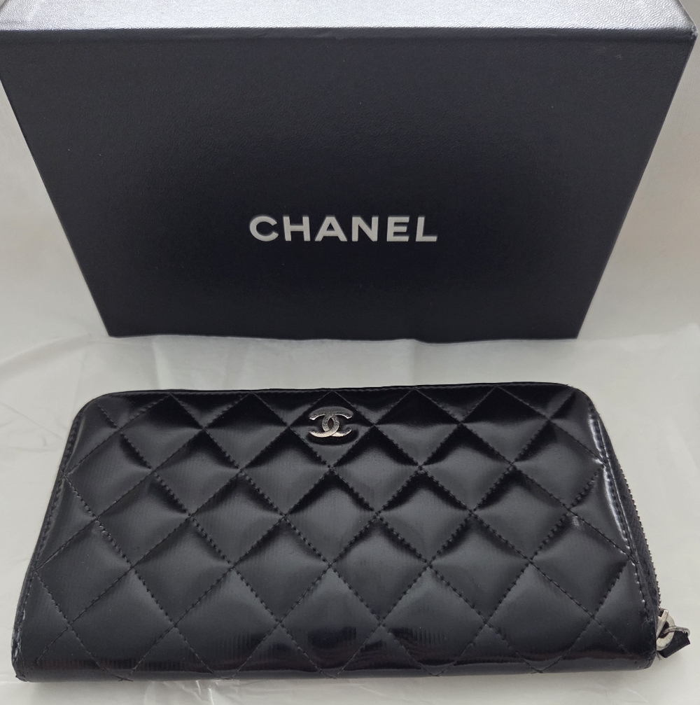 CHANEL Black Quilted Patent Leather Wallet with COA